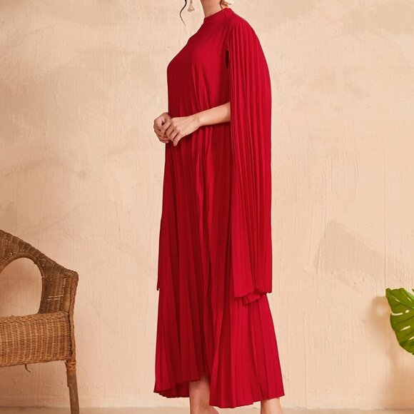 Red Party Women's Stand Collar Cloak Sleeve Dress - Picture 3 of 6